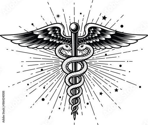 Black, and, white, medical, caduceus, symbol, illustration, with, serpents, wings, and, staff, featuring, a, decorative, sunburst, background, tattoo, style, design