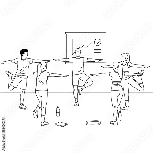 Group of people in a fitness class performing balancing exercises with an instructor in a studio setting.