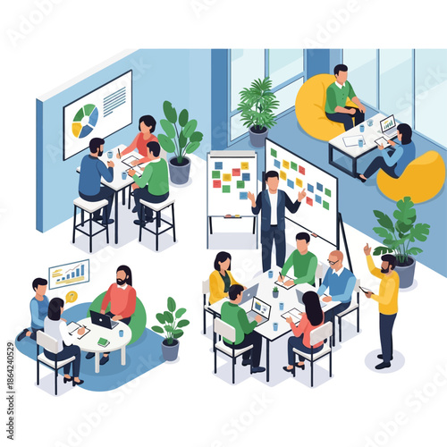 Isometric illustration of a modern office space with multiple teams collaborating, brainstorming, and working on projects.
