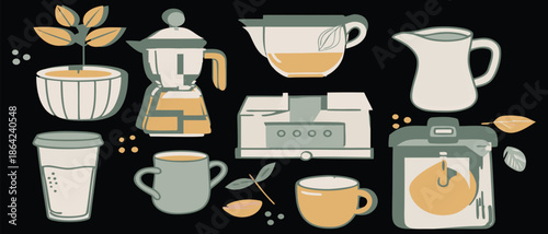 Vector illustration set of kitchen utensils and tools with cosmetic bottles including coffee mugs, tea cups, and cooking pots in a modern cafe restaurant design sign