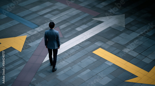 Man standing at an intersection with directional arrows symbolizing choice and decision making.
