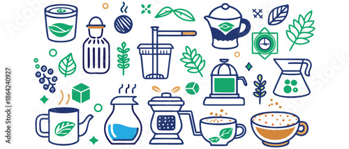 Vector illustration set of medical icons and kitchen tools featuring food cooking symbols like a knife pot and tea cup for restaurant design