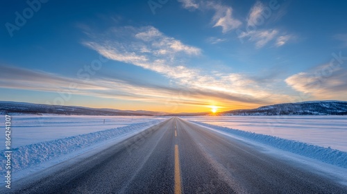 Scenic winter road journey through snowy scandinavian landscape at sunrise
