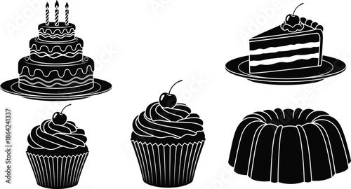 Black, and, white, silhouette, set, of, four, desserts, including, birthday, cake, cake, slice, cupcake, and, bundt, cake, for, bakery, and, celebration, designs