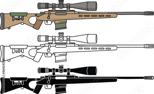 Sniper rifle silhouette & Outline and illustration set isolated on transparent background