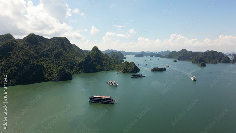Fototapeta premium Asia, Vietnam, Ha Long Bay Unesco Heritage is one of the seven natural beauties in the world with its emerald waters and limestone islands covered by rainforest . tourist attraction for boat cruises 