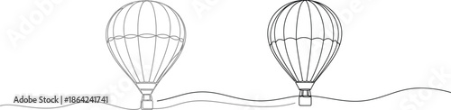 Two hot air balloons floating over a wavy surface, depicted in a minimalist line drawing style