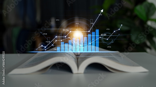 An open book displaying digital growth charts and analytics, symbolizing the fusion of traditional learning with modern business success and data-driven insights. Scalp