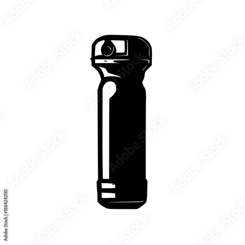Minimalist rechargeable flashlight in black line art on stark white background, clean vector illustration for product design and branding
