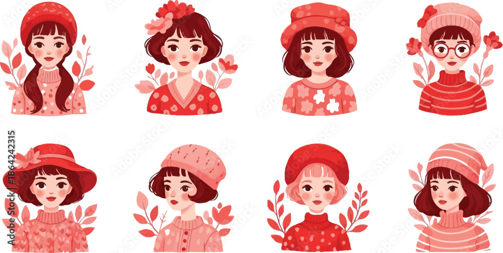 Fototapeta premium Collection of cute young women wearing warm sweaters and knitted hats during cold weather season