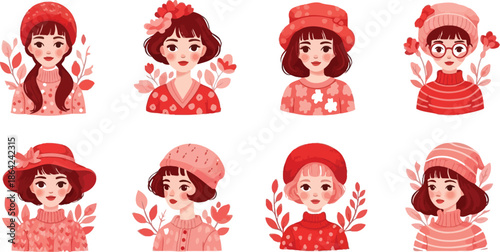 Collection of cute young women wearing warm sweaters and knitted hats during cold weather season
