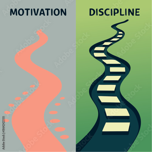 paths to progress; motivation and discipline diverge in stylized visual of effort and structure