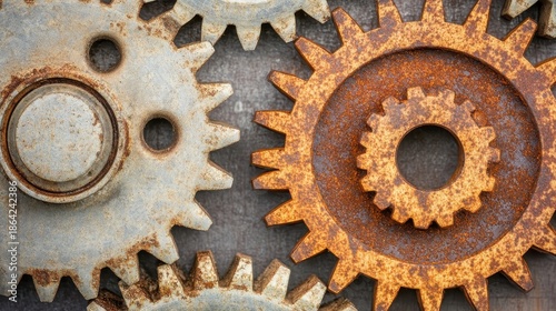 Close up of Interconnected Rusty Gears in Mechanical System