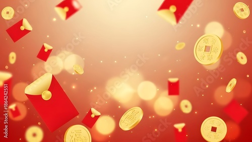 Floating red envelopes and ancient golden chinese coins over sparkling bokeh background symbolizing wealth and fortune