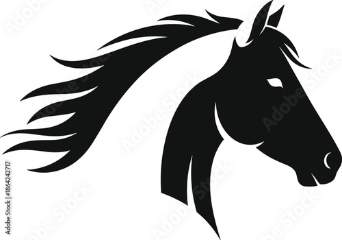 Elegant Black Horse Head Silhouette Illustration Featuring A Long Flowing Mane And Powerful Profile Isolated On White Background For Equestrian Design,