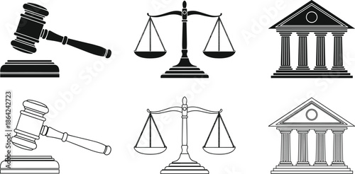 Justice Icons Set, Gavel Scale and Courthouse Symbols, Black Solid and White Outline Legal Vector Graphics, Law Office Professional Design Elements