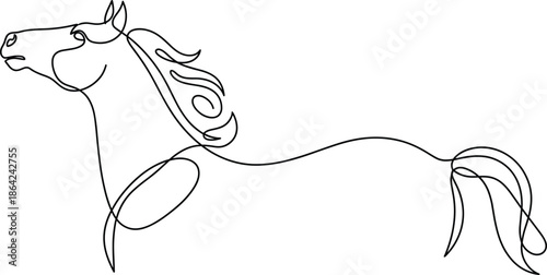 Minimalist continuous one line drawing of a majestic horse head and mane for equestrian sports, animal ranch, and nature branding.