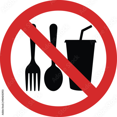 No Food or Drink Prohibition Sign with Fork Spoon and Cup Icons in Red Circle