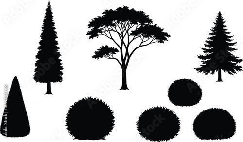 Black Silhouette Set Of Garden Plants Featuring Pine Trees Spruce Conifers Deciduous Tree And Various Rounded Bushes For Landscape Design Concepts,