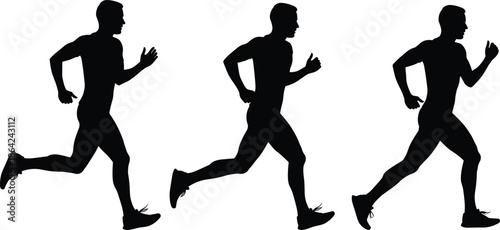 Minimalist black and white silhouette of three men running in sequence, dynamic motion set, athletic sprinting figures on white background