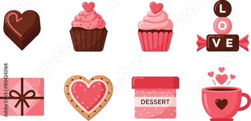 Collection of sweet valentine treats and gifts chocolate, cupcakes, cookies, and hot beverage design elements