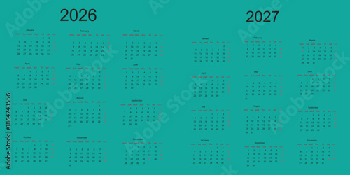 Annual planner, 2026 -2027 year wall calendar for monthly and daily agenda. Colorful schedule page journal, stationery calendar, organizer, planner template with twelve months vector illustration