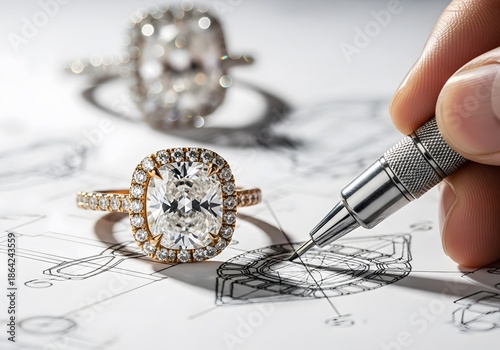 Luxury cushion-cut diamond engagement ring resting on meticulous jewelry design blueprints, illustrating high-end craftsmanship for premium advertising and retail branding