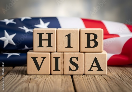 H1B VISA wooden blocks placed on a rustic wood surface backed by a folded US flag, illustrating immigration policy, skilled foreign worker programs, legal consulting, and employment regulations
