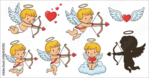 Cupid angel character set with bow and arrow icons isolated on transparent background for valentine day illustration
