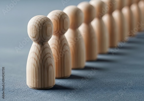 Abstract wooden figures aligned diagonally macro perspective, symbolizing focused leadership, corporate hierarchy, and successful team organization for modern communication design