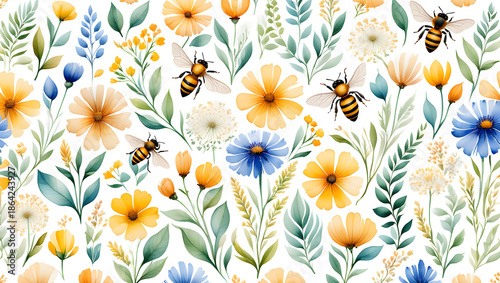 Whimsical watercolor pattern of bees and wildflowers in yellow, blue, and green hues