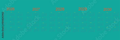 Set of vector calendars for 2026-2030. Includes 12-month sheets with weeks starting on Sunday. Perfect for desk calendar design, planning, and printable 