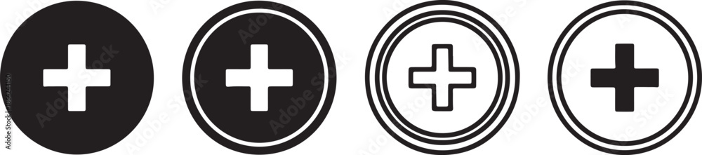 Obraz premium Four black and white circles with plus signs in the center arranged in a row also transparent background