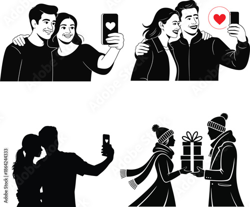 Silhouettes of couples taking selfies and exchanging gifts