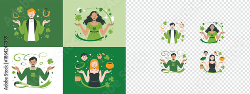 Smiling people presenting symbols of luck including shamrocks horseshoes and pots of gold