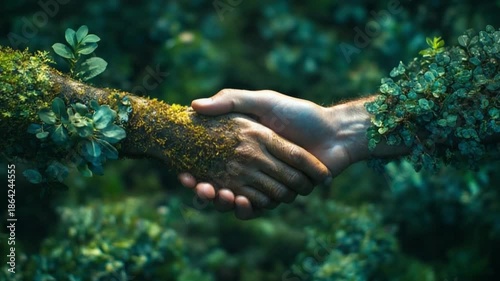 Eco-Alliance: A powerful visual representation of environmental harmony. Two hands, intertwined, transform into nature's embrace, symbolizing the vital connection between humans and the environment.