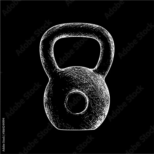 Illustration of a white kettlebell with handle and circular base on a black background in sketch style