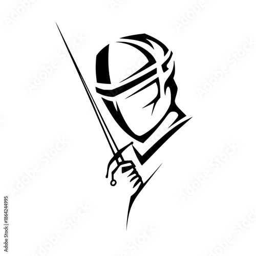 Stylized black and white drawing of a fencer with mask holding a foil in a simple design style