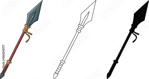 Spear silhouette & Outline and illustration set isolated on transparent background