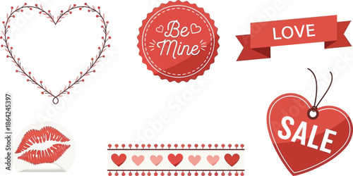 Set of valentine day labels and decorations heart frame, be mine badge, love ribbon, sale tag, kiss mark
