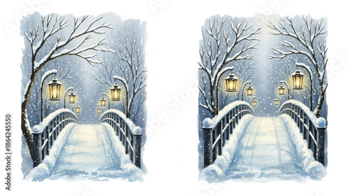 Snowy Winter Bridge with Glowing Lanterns Watercolor Night Illustration
