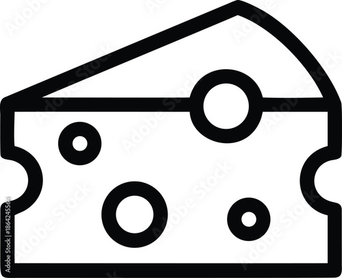 Black outline graphic vector of a wedge shaped cheese slice with holes on white background