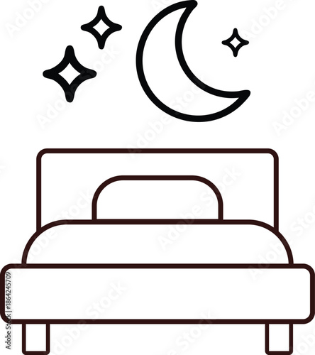 Simple line art vector illustration of a bed with a crescent moon and stars