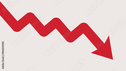 Red arrow graph declining trend in simple flat design with bold red color on white background for business presentation