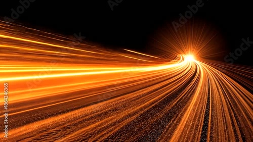 Streaking orange light trails curve into a bright burst against black