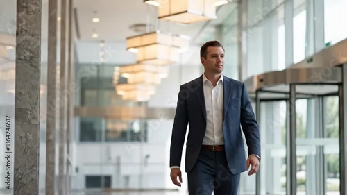 A professional walks confidently through a sleek modern office lobby