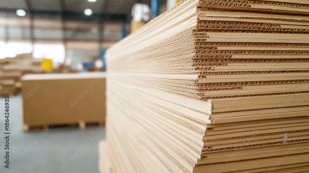Obraz premium Large stacks of corrugated cardboard sheets in a warehouse ready for use in packaging and shipping operations