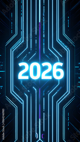 Futuristic 2026 Digital Neon Blue Circuit Pattern - Technology & Innovation Background Image