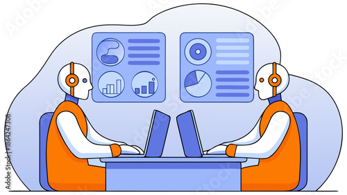 Robots collaborating on data analysis in modern workspace