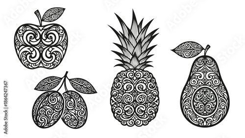 Elegant decorative illustrations of various fruits with intricate mandala patterns